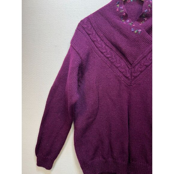 Eddie Bauer Womens Wool Sweater Medium Purple Floral Embroidered Pullover Cozy - Picture 5 of 12